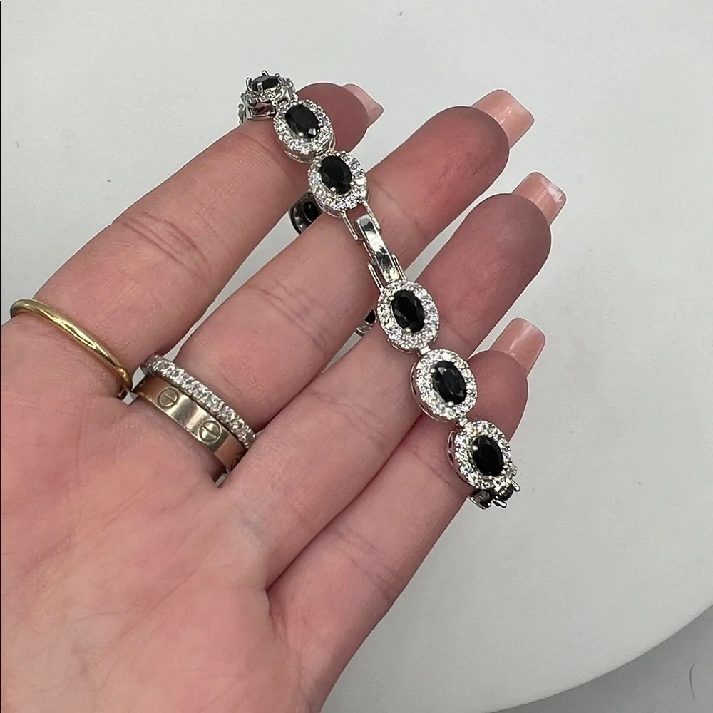 213. White Gold Plated Onyx Stone Bracelet with CZ 6 1/2”